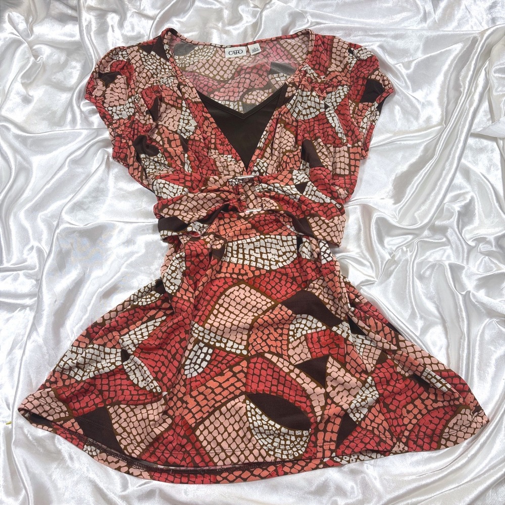 y2k Cato Top Brown Excellent Mosaic Print Faux Wrap Buckle Short Sleeve Blouse